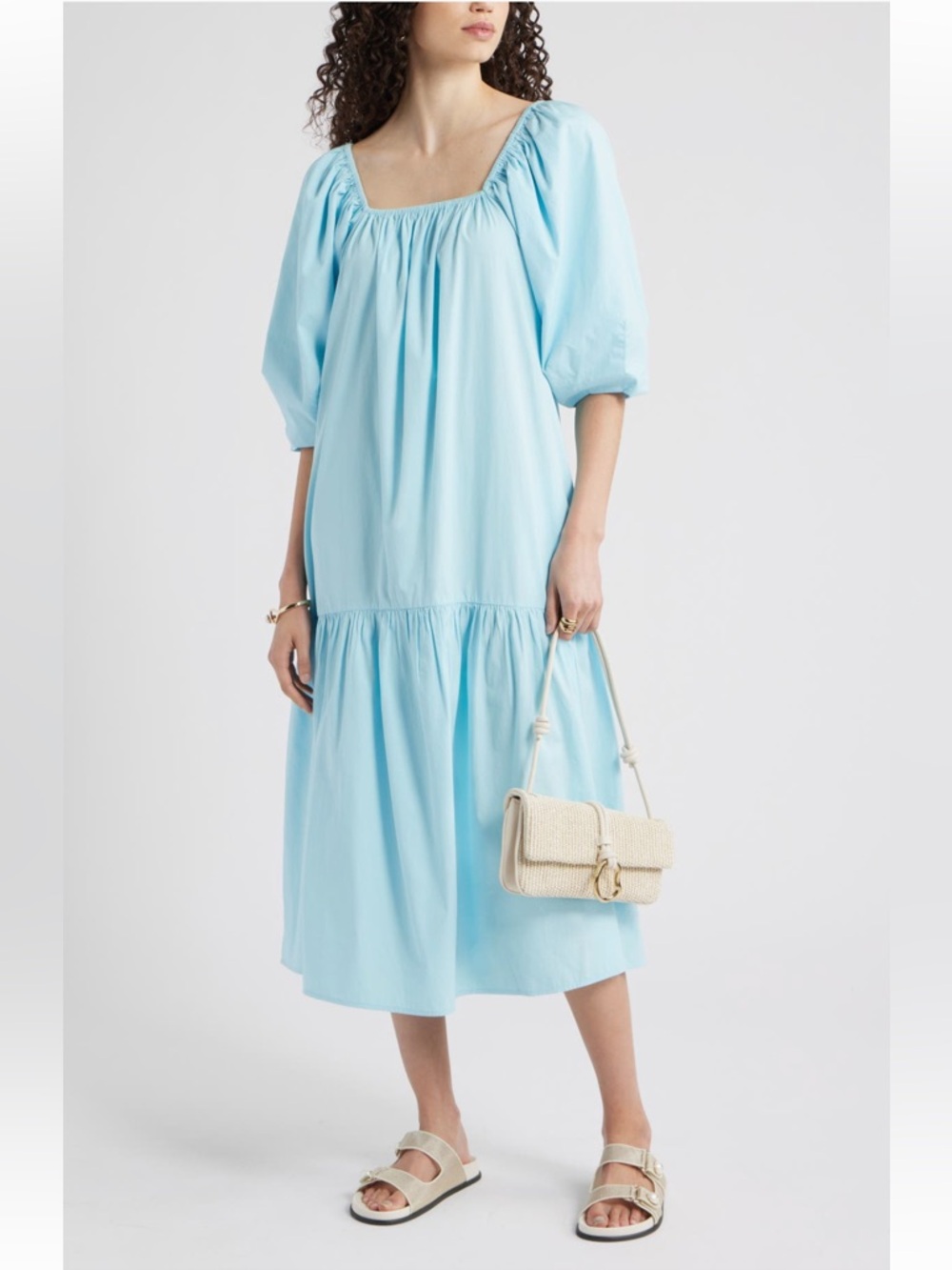 Nordstrom S Light Blue Puff-Sleeve Square Neck Midi Dress